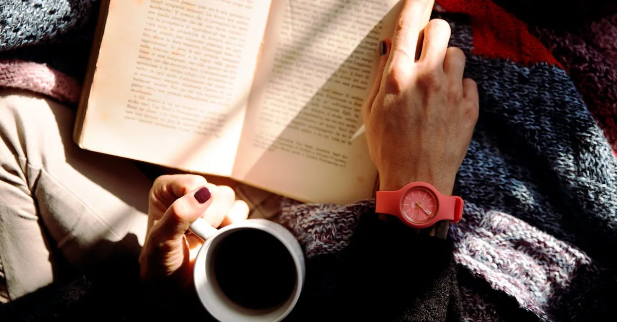 Woman relaxing with a book and coffee in a sunlit cozy setting, wearing a stylish watch.