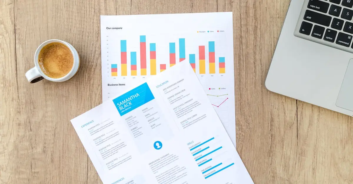 Wooden desk with documents, laptop, and coffee cup creating a modern office atmosphere.